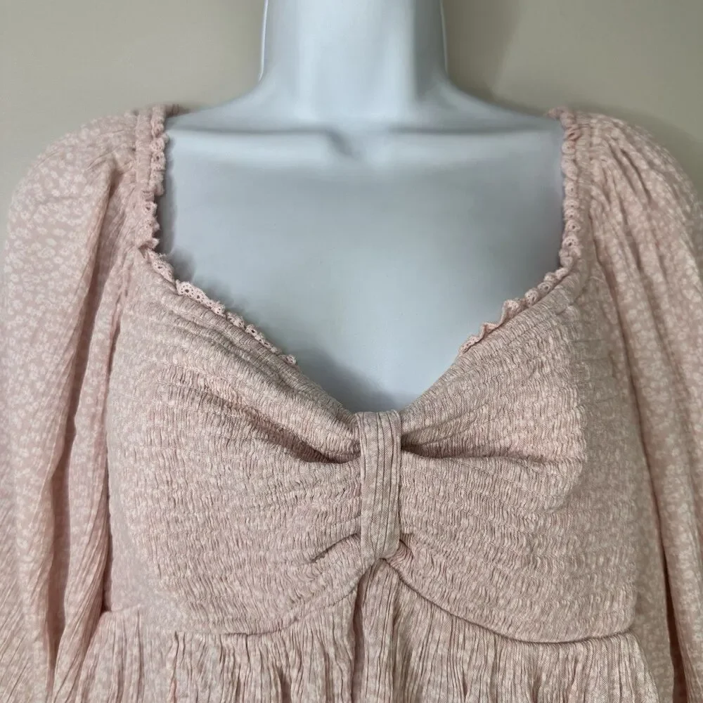 Free People Top Women Small Pink Brittnee Smocked Peplum Shirt Peasant Milkmaid